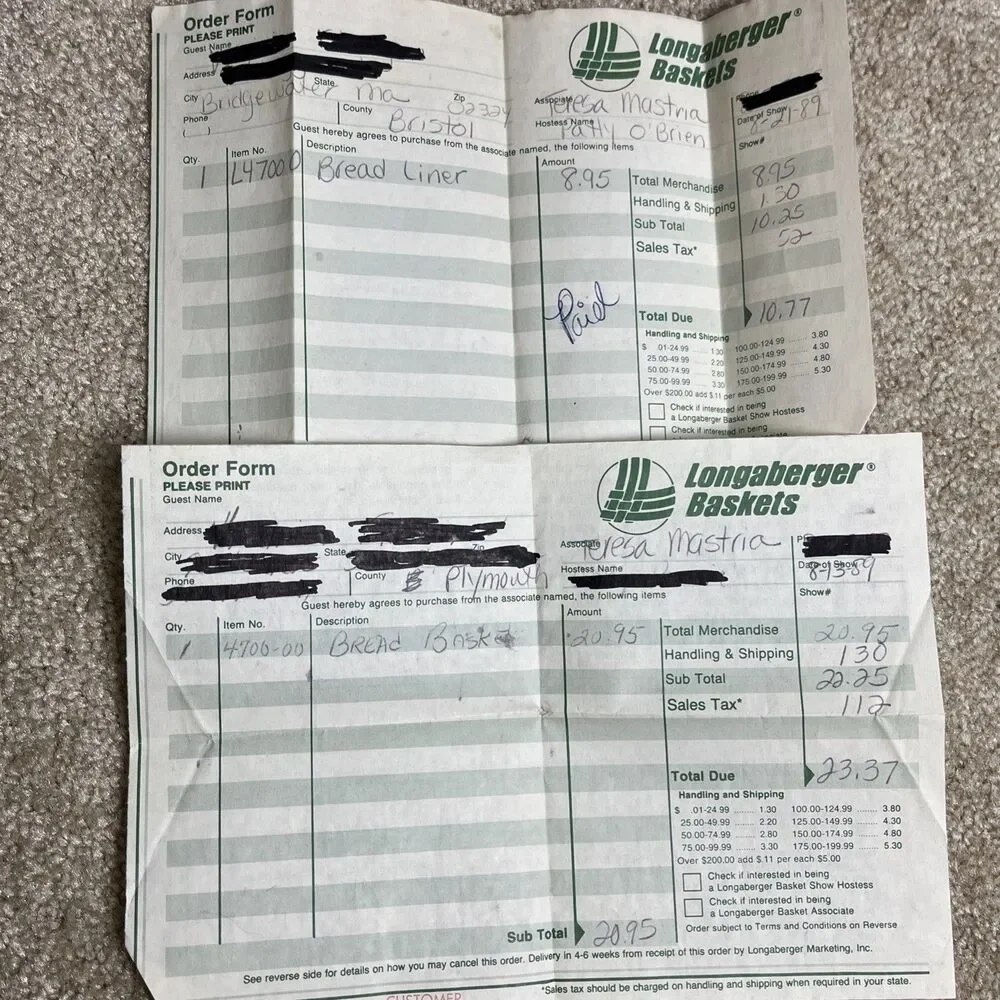 HTF Longaberger 1989 Bread Basket, Liner, Plastic Insert, Bread Brick w/Receipts